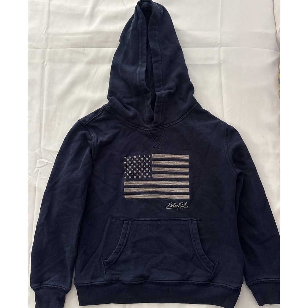 Ralph Lauren Polo Hoodie Youth Size 7 American Flag Navy Blue Graphic Pullover